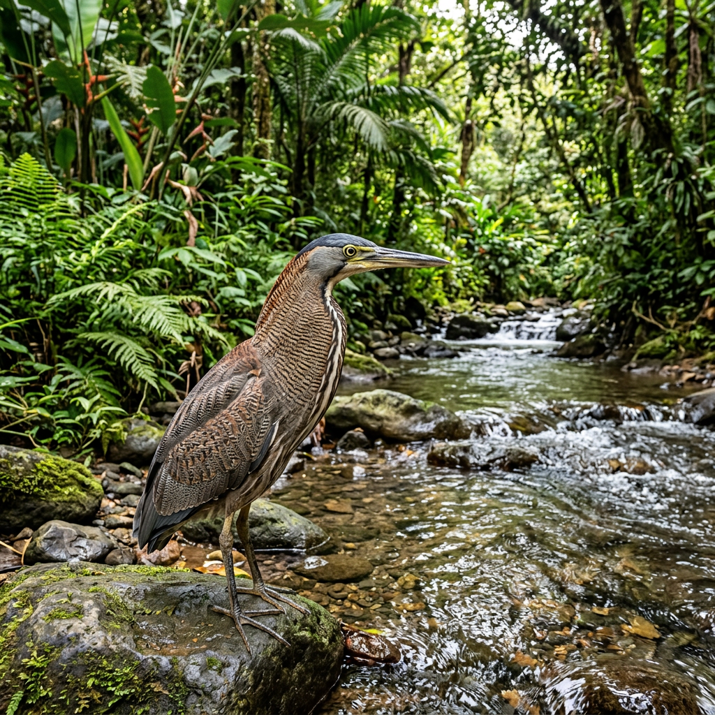 Current image: Bare-throated tiger heron standing on rock beside clear stream in tropical jungle